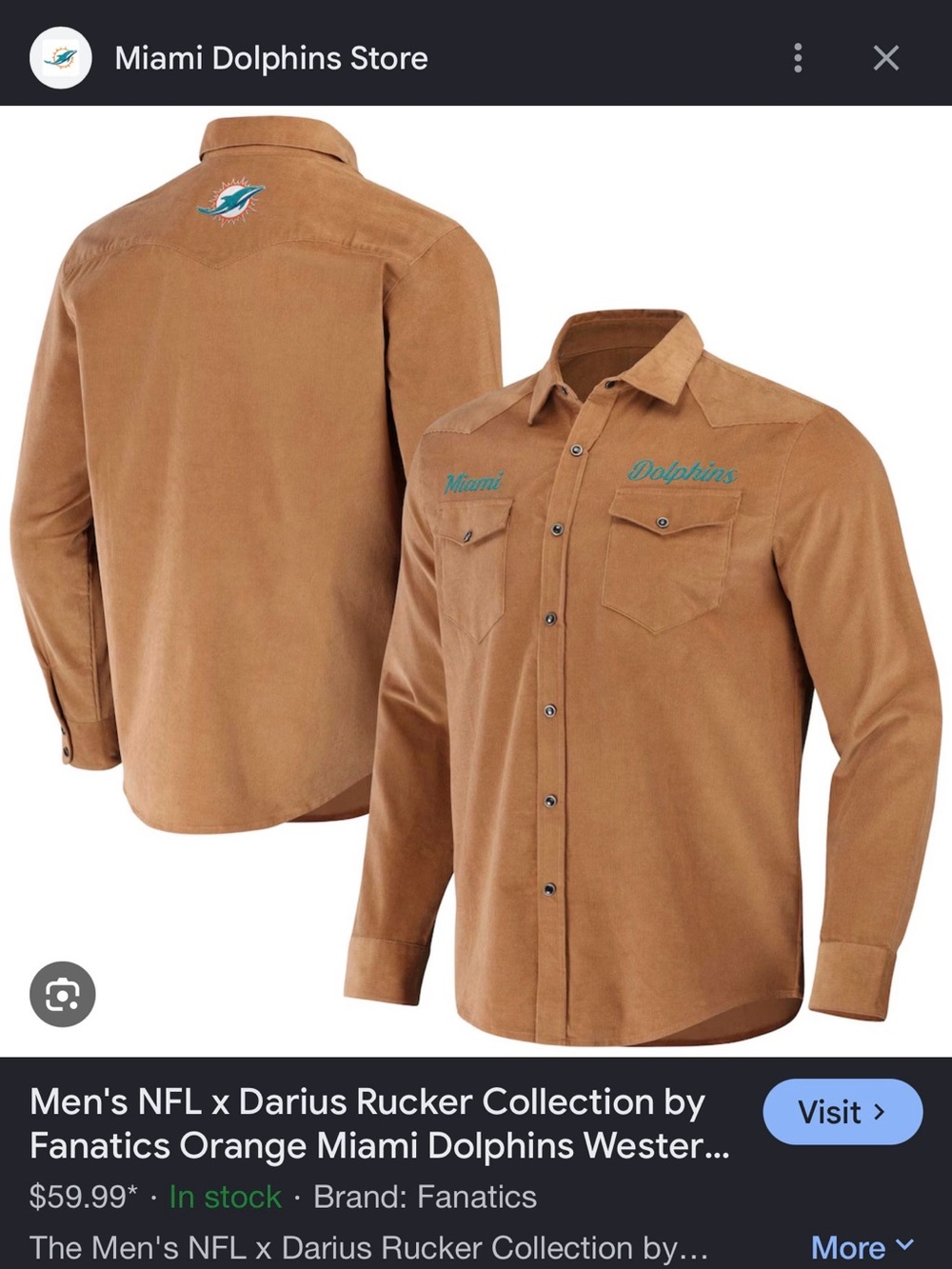 Fanatics Men’s Miami Dolphins Corduroy Button-Down Shirt in Orange-Brown